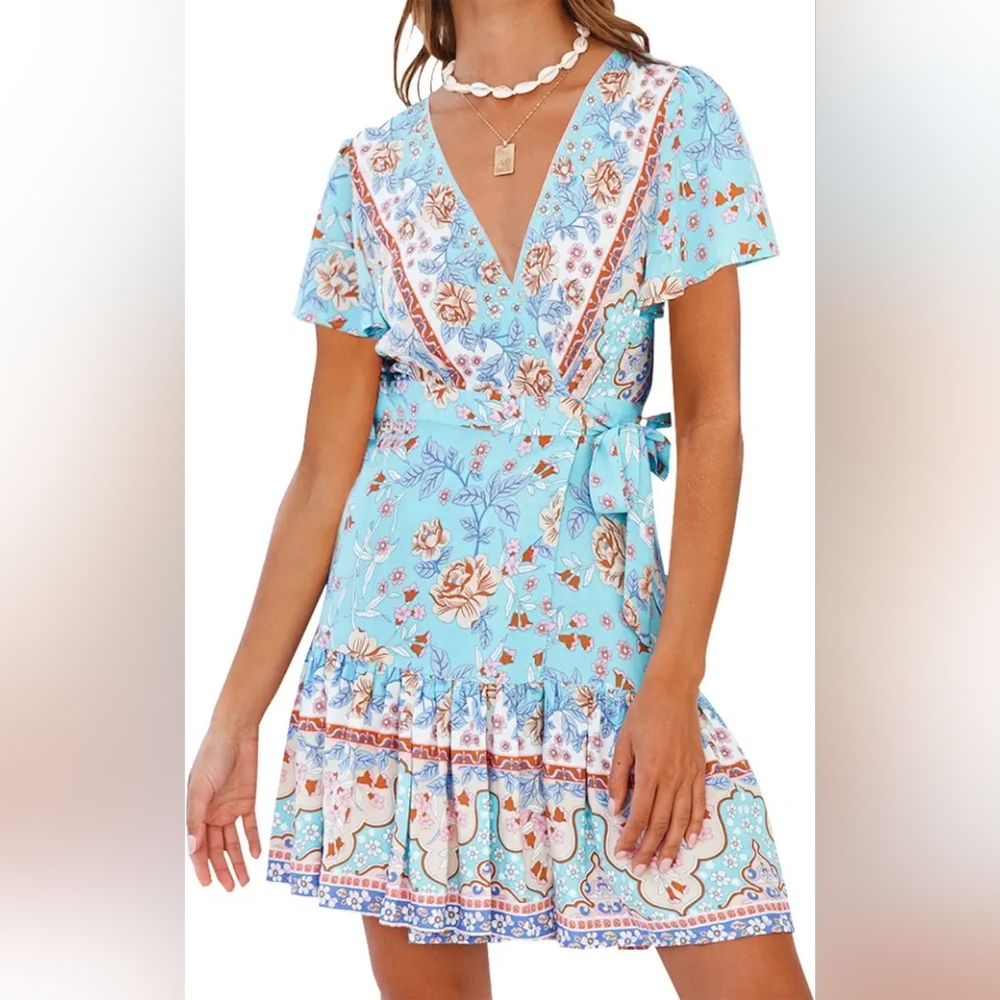 ZESICA Women’s Wrap V Neck Bohemian Floral Print Ruffle Swing A Line Beach XL